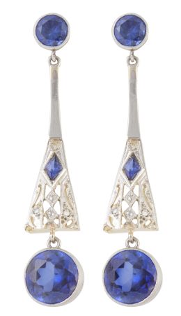 148.  Pendientes largos Art-Decó con zafiros sintéticos y piezas 