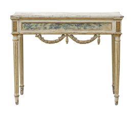 1228.  Consola Carlos IV de madera tallada, policromada y dorada.Trabajo español, h. 1800.