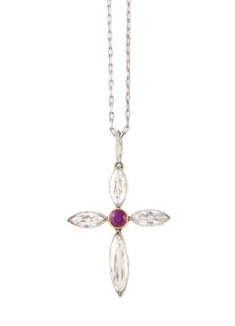 127.  Cruz colgante con cuatro diamantes talla navette como brazos, y rubí central