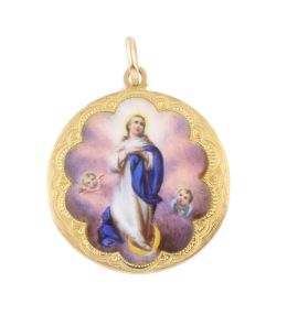 18.  Medalla de la Virgen en esmalte polícromo con reverso en oro liso