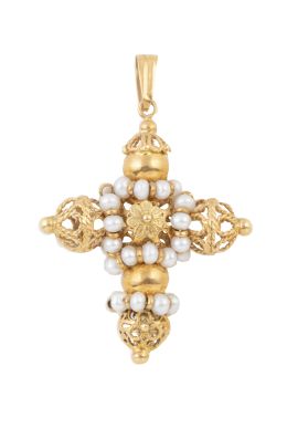 164.  Cruz colgante con perlas y brazos de filigrana con volúmene