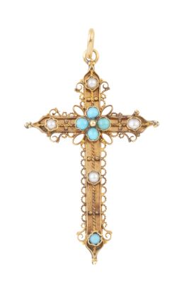 45.  Cruz colgante S. XIX decorada con perlitas, turquesas y filigrana de oro