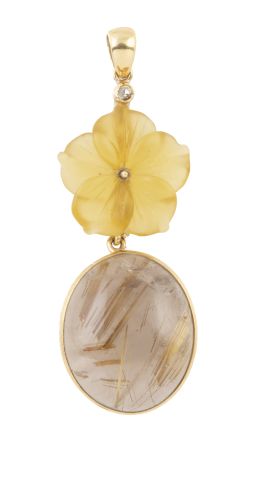214.  Colgante con flor tallada en cuarzo citrino mate y cabuchón
