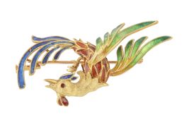 184.  Broche ave del paraiso años 50 en oro y esmalte polícromo