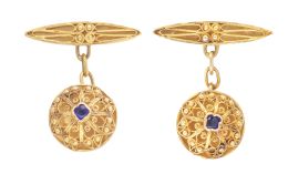 191.  Gemelos de pp. S. XX con semiesfera de filigrana de oro decorada con piedra azul central