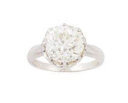 419.  Sortija solitario de 3,59 ct aprox color estimado N y grado de pureza SI1