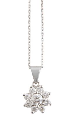 189.  Colgante rosetón de brillantes engastados en garras, con cadena fina de eslabón oval