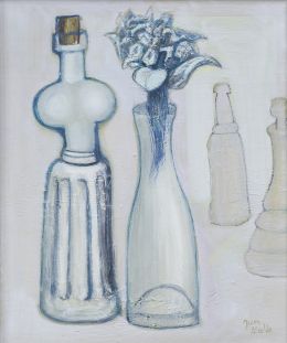 974.  JUAN ALCALDE (Madrid, 1918 - 2020)Bodegón de botella y jarrón de flores