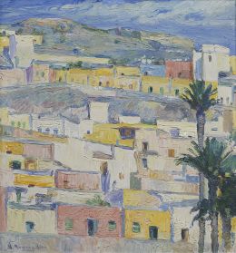 915.  NICOLÁS MASSIEU Y MATOS (Las Palmas de Gran Canaria, 1876 - 1954)Vista de pueblo canario, 1929