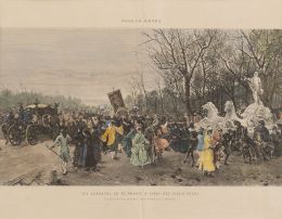 916.  Pareja de litografías según obras de LUIS ÁLVAREZ CATALÁ (Madrid, 1836-1901) y ÁNGEL LIZCANO (Alcázar de San Juan, Ciudad Real, 1846-Leganés, Madrid, 1929)El Carnaval en el Prado a fines del siglo XVIII; Madrid: Un puesto de botijos en la Pradera 