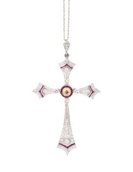 402.  Gran cruz colgante estilo Art-Decó de brillantes y rubíes, 