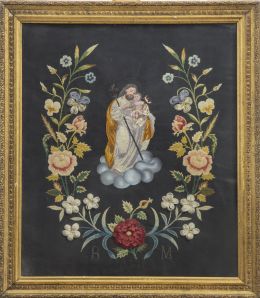 1039.  San José con el Niño.Bordado en hilos de color "a pintura" y papel aplicado sobre fondo negro, con iniciales bordadas B.M.España, S. XIX.