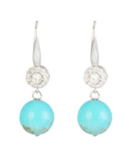 254.  Pendientes largos con esferas de turquesas que penden de rosetón de brillantes