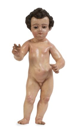 533.  Niño Jesús como Salvador del Mundo.Plomo policromado y ojos de pasta vítrea.Escuela andaluza, S. XVII.