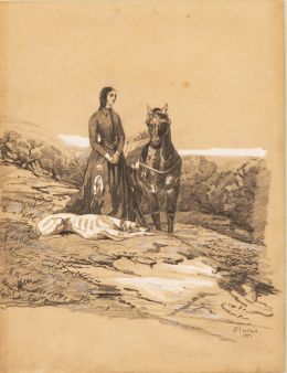 832.  EUSEBIO PLANAS (Barcelona, 1833-1887)Dama con galgo y caballo