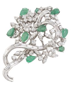 283.  Broche ramo de esmeraldas talla pera y brillantes, con cinta de diamantes talla esmeralda