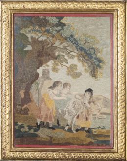 1167.  Bordado "a pintura" con hilos de color y papel con escena pastoril.Francia, h. 1800.