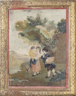 1166.  Bordado "a pintura" con hilos de color y papel con familia con perro en paisaje.Francia, h. 1800.