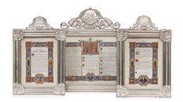 1034.  Lote de tres sacras con marcos de plata rematados por Agnus Dei y monograma de la Virgen.España, h, 1900.