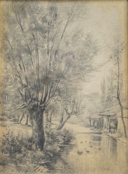 792.  CARLOS DE HAES (Bruselas, 1826-Madrid, 1898)Paisaje a orillas de un río con patos