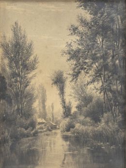 794.  CARLOS DE HAES (Bruselas, 1826-Madrid, 1898)Paisaje a orillas de un rio con casas al fondo