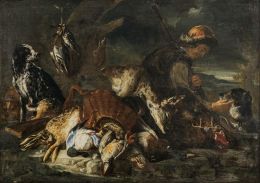 767.  BALDASSARRE DE CARO (Nápoles, 1689- 1750)Bodegón de caza muerta sobre un paisaje con figura