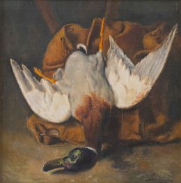 895.  ADELARDO PARILLA (Alicante,1877-1953)Bodegón con pato y zurrón