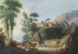 870.  P. ALVÁREZ (Escuela española, siglo XIX)Paisaje pastoril con río y castillo al fondo