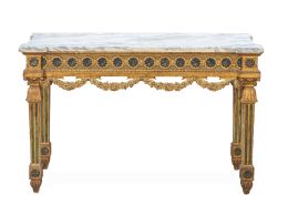 1300.  Consola de estilo Luis XVI de madera tallada, policromada y dorada con tapa de mármol. h. 1800.