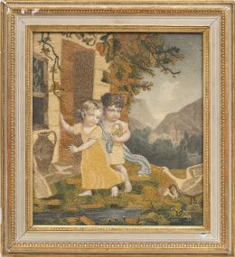 1210.  Bordado a pintura y papel pintado, con dos niños y un cisne en un paisaje.Francia, S. XIX.