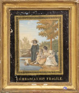 679.  "L'Embarcation Fragile".Bordado con hilos de color "a pintura", litografíado y coloreado, en cristal eglomizado y dorado.Francia, S. XIX.