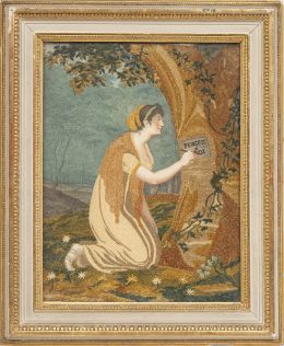 1214.  Bordado a pintura y papel pintado, con dama escribiendo en un árbol.Francia, S. XIX.
