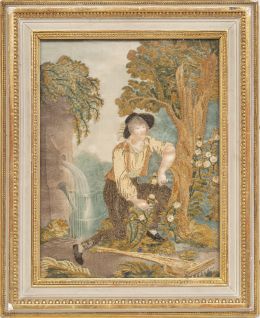 1215.  Bordado a pintura y papel pintado con caballero.Francia, S. XIX.