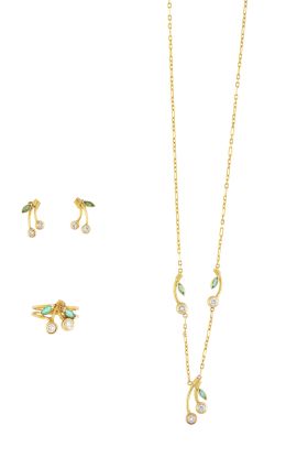 162.  Conjunto de pendentif, pendientes y sortija con cerezas de brillantes y navettes de esmeraldas