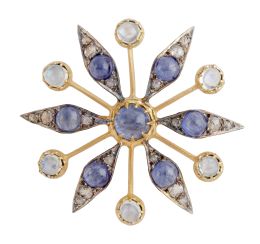 77.  Broche estrella de zafiros, piedra luna y diamantes