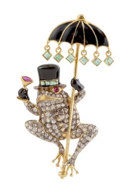 46.  Broche "señor" sapo, de diamantes, con sombrero de copa y s