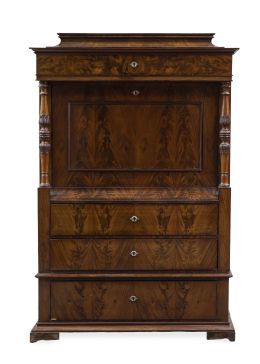 1308.  Bureau á abattant de madera de caoba y palma de caoba.Alemania, S. XIX.