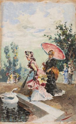 891.  JOSÉ DENIS BELGRANO (Málaga, 1844 -1917) Damas en el parque paseando