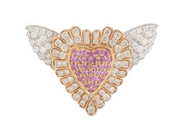 218.  Broche corazón alado SUAREZ de zafiros rosas y brillantes en oro bicolor