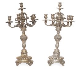 1287.  Pareja de candelabros de plata de seis luces.Presmanes, Joyería de Santander, S. XX.