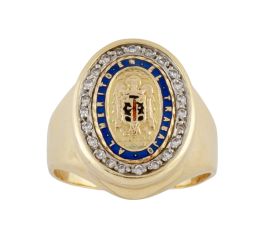 136.  Sortija sello con medalla de mérito al trabajo central, orlada de diamantes 