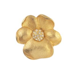416.  Broche vintage francés años 60 de flor con cínco pétalos y centro cuajado de strass