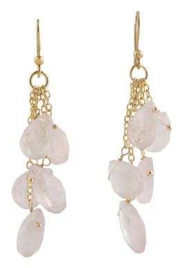 164.  Pendientes largos de cuentas de cuarzo rosa talla gota facetadas, combinadas con cadena