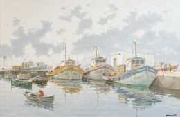 852.  PERE MONTESARRAT (Barcelona, 1926)Puerto con barcos