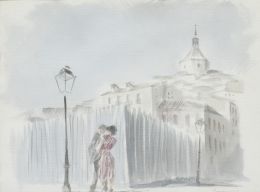 863.  EDUARDO VICENTE (Madrid, 1909 - 1968)Vista de pueblo con iglesia y pareja