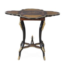 1387.  Mesa de alas Napoleón III de madera de palosanto, madera ebonizada, maderas frutales y maderas teñidas con marquetería y bronces dorados.Francia, segunda mitad del S. XIX.