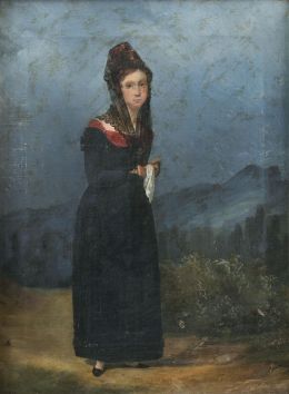 861.  ESCUELA ESPAÑOLA, H. 1800Retrato de maja con mantilla y peineta en carey sobre un paisaje