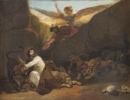 881.  BERNARDINO MONTAÑES (Zaragoza, 1825- 1893)Abacuc visitando a Daniel en el foso de los leones