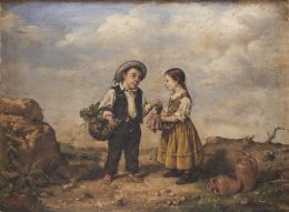 907.  SALVADOR GISBERT JIMENO (Blesa, 1851 - Teruel, 1912)Paisaje con niños