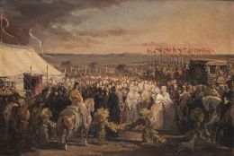882.  ESCUELA ESPAÑOLA O FRANCESA, SIGLO XIXSaludo de dos damas en un campamento militar